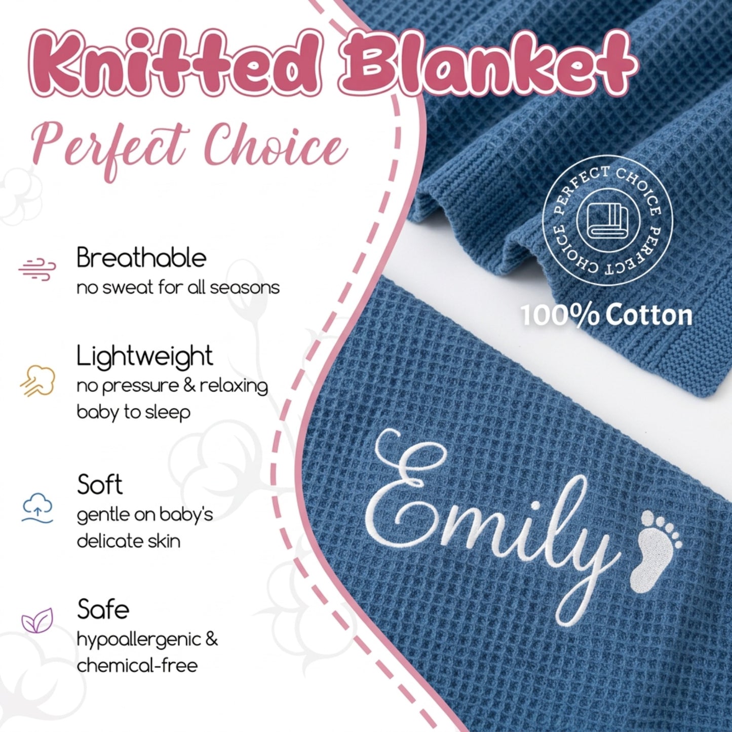 Personalized Baby Blanket with Embroidered Name, Custom Waffle Cotton Knit Blanket for Newborn Boys & Girls, Soft Breathable Swaddle for Baby Shower Gifts, 30x40in