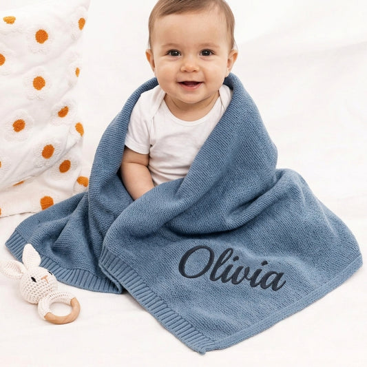 Personalized Baby Blanket with Custom Embroidery Name, Soft Knit Swaddle Stroller Blankets for Newborn Boys and Girls, Custom Nursery Bedding Throw, Unique Baby Shower Gift