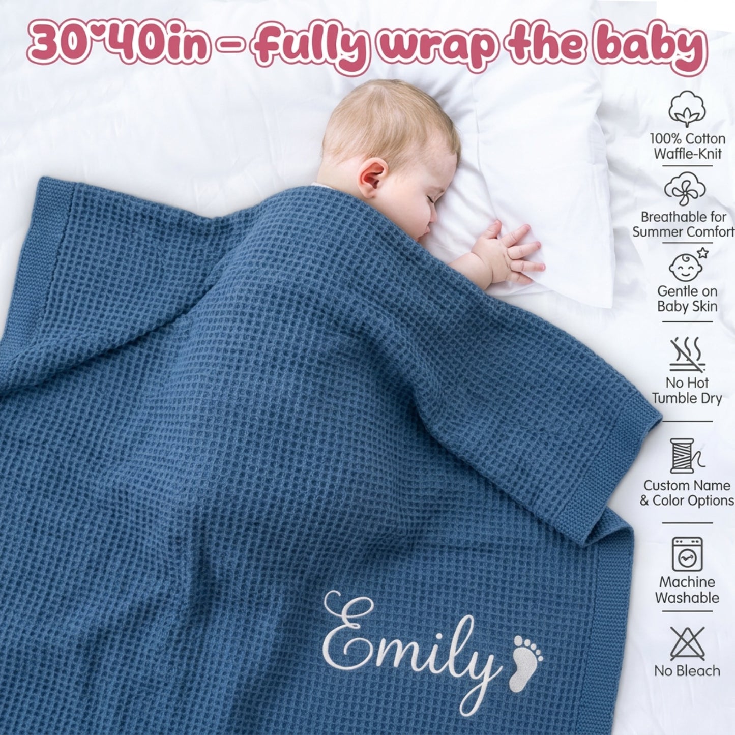Personalized Baby Blanket with Embroidered Name, Custom Waffle Cotton Knit Blanket for Newborn Boys & Girls, Soft Breathable Swaddle for Baby Shower Gifts, 30x40in