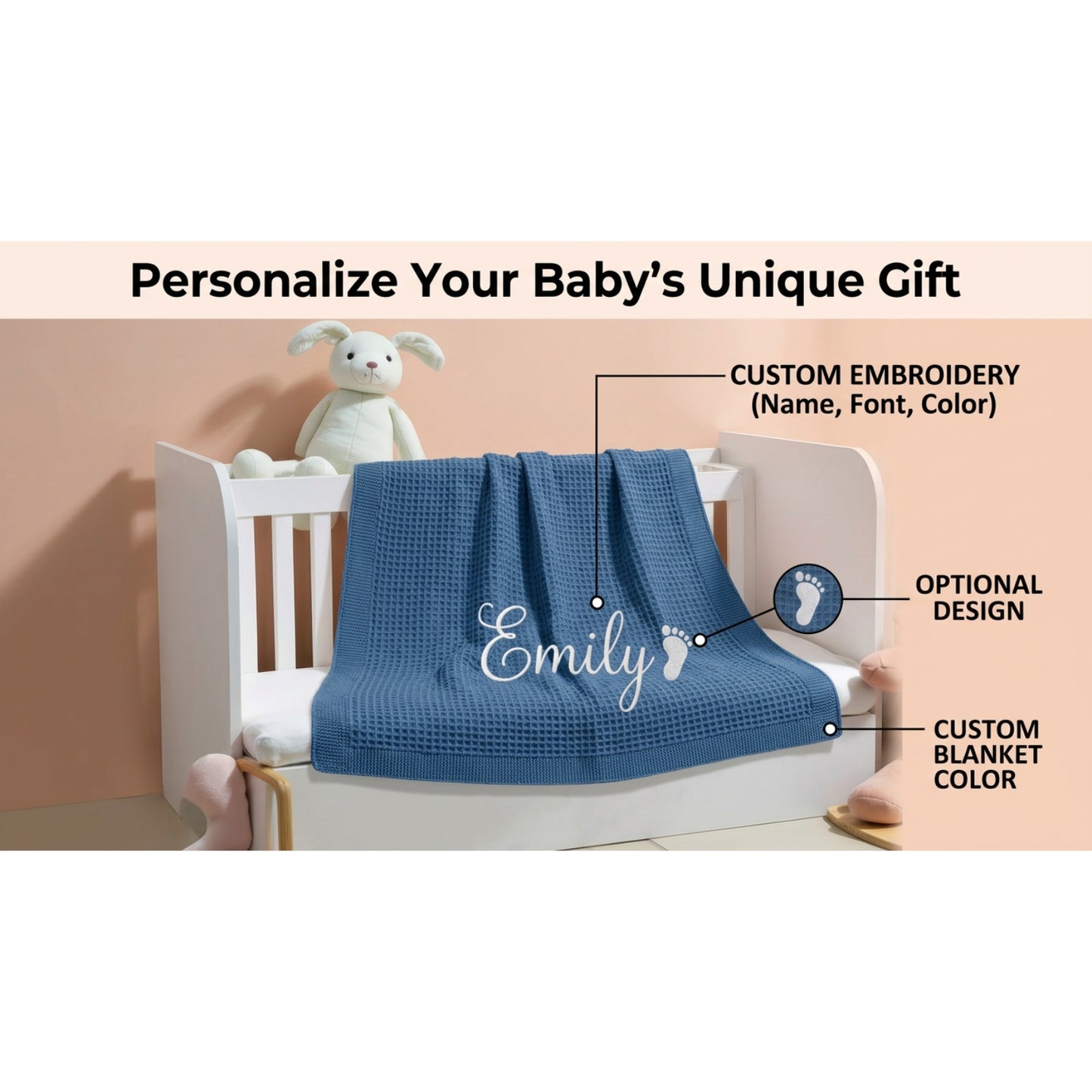 Personalized Baby Blanket with Embroidered Name, Custom Waffle Cotton Knit Blanket for Newborn Boys & Girls, Soft Breathable Swaddle for Baby Shower Gifts, 30x40in