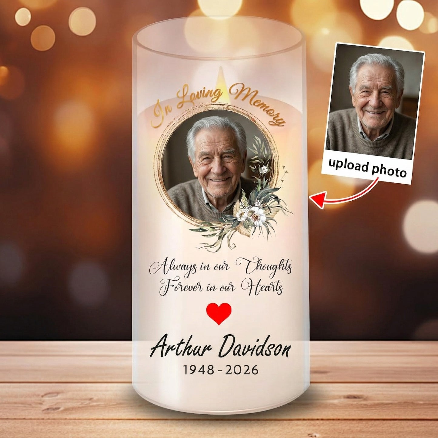 Personalized Memorial Flameless Candle Custom Photo LED Remembrance Candle with Name and Dates Sympathy Gift for Loss of Loved One