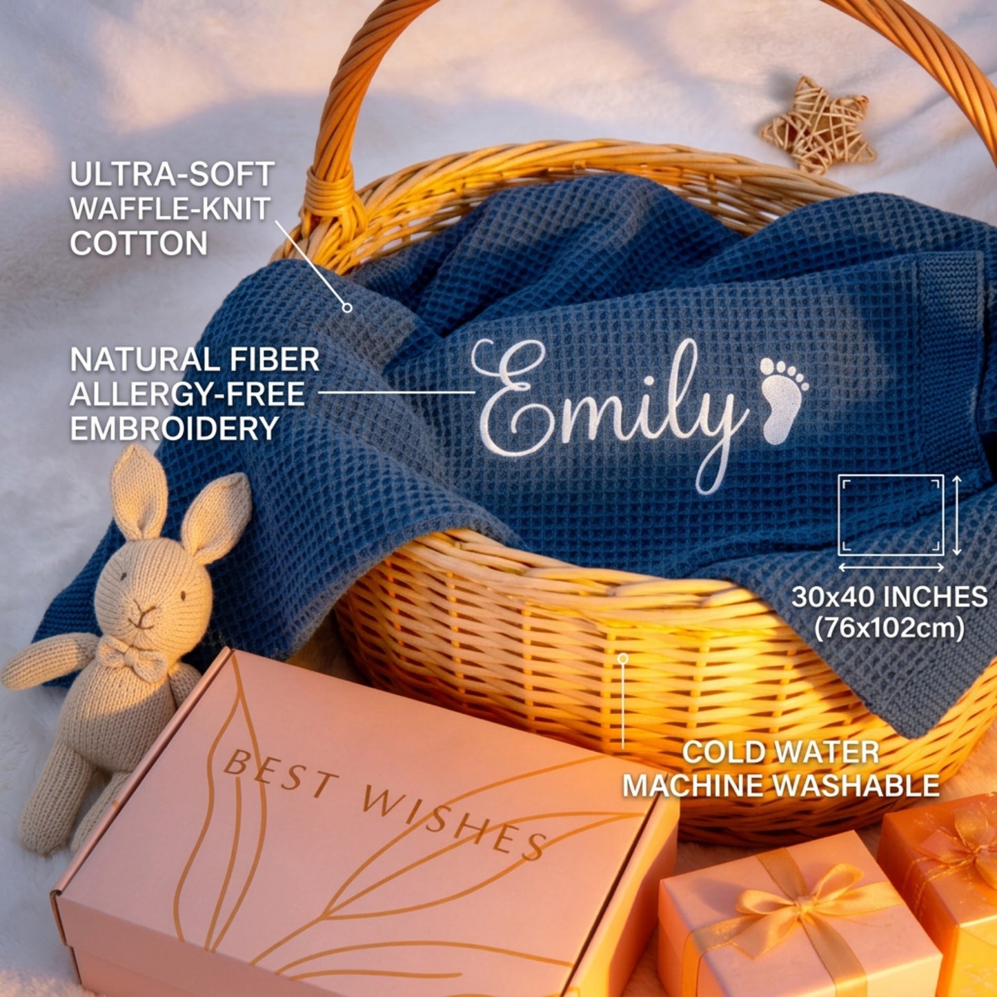 Personalized Baby Blanket with Embroidered Name, Custom Waffle Cotton Knit Blanket for Newborn Boys & Girls, Soft Breathable Swaddle for Baby Shower Gifts, 30x40in